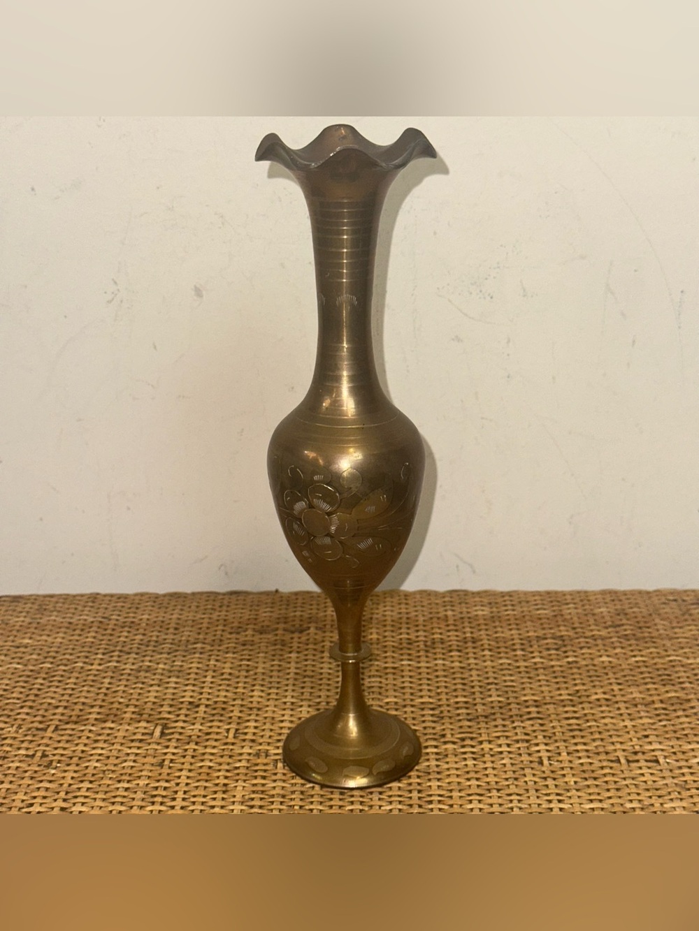 Vintage MCM Brass Etched Floral Fluted Vase 11” Candle Holder Home Decor Art